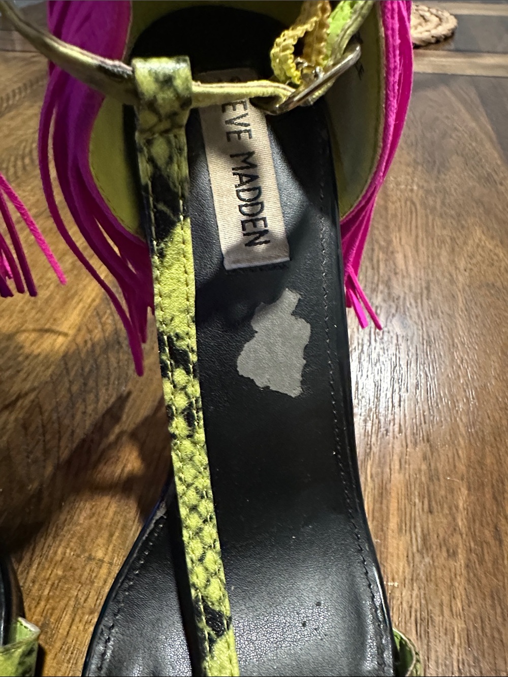 Steve Madden Neon Lime and Hot Pink Fringe T-Strap Heels - Picture 4 of 5